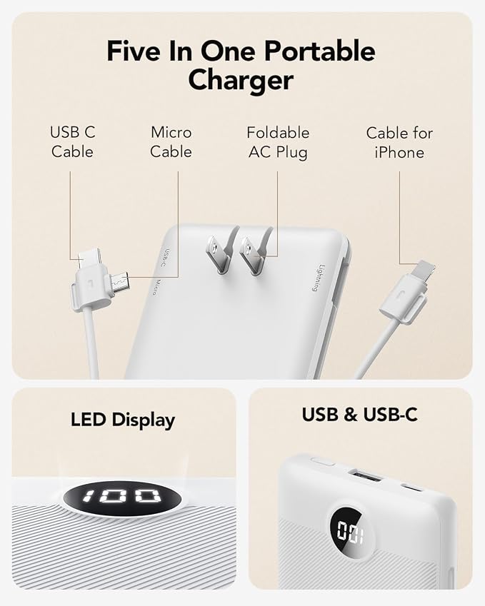 VRURC Portable Charger Power Bank Built-in Cables and AC Wall Plug | USB C Portable Bank 10000mAhTravel Essentials Phone Charger Compact External Battery Pack for Smart PhonesTablets-Black