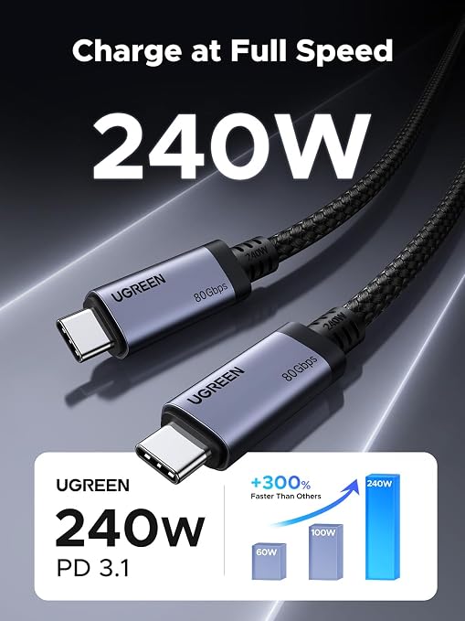 UGREEN 240W USB C to USB C Cable USB4 Gen4 80Gbps for Thunderbolt 5/4/3 Premium 18K Dual 8K Triple 4K Display PD3.1 Charging Compatible with USB C Monitors MacBook iPad iPhone 17/16/15 3.3FT