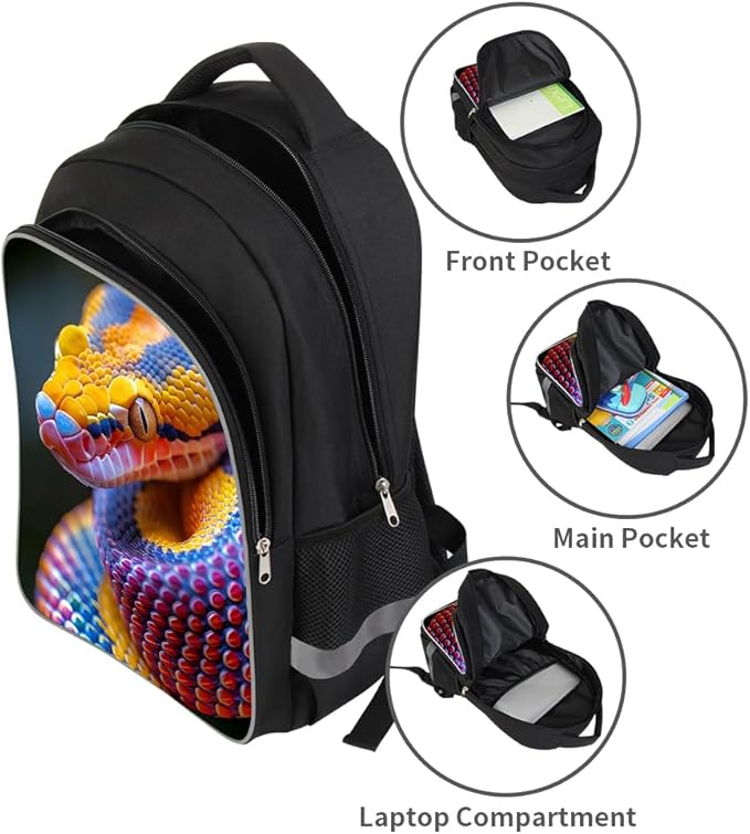 Kids Backpack Lightweight Durable Medium Teens Kids Backpack for School Boys and Girls Bookbag with Adjustable Shoulder Straps & Padded Back 17 Inch School bags with 3D Snake Reflective Cartoon