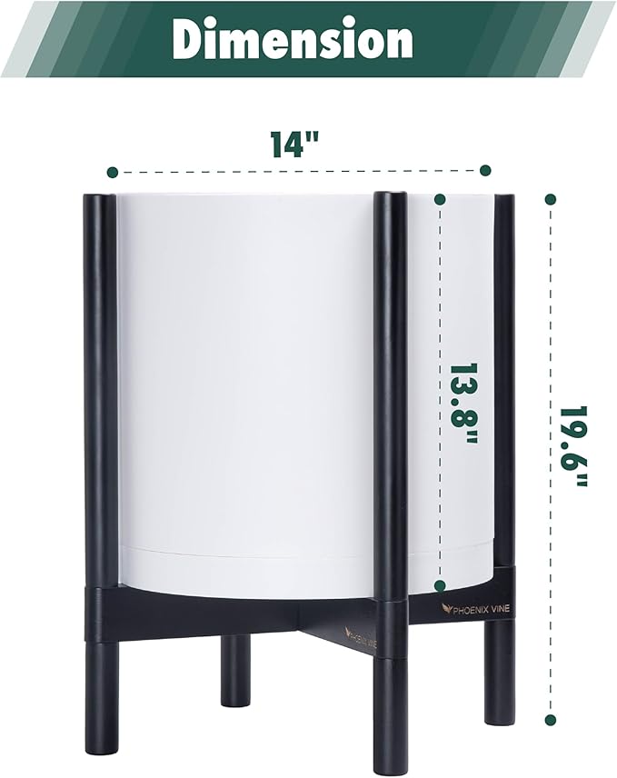 D'vine Dev Planter Pot with Stand - 14 Inch Plastic Cylinder Flower Pot with Wood Planter Holder for Indoor, Matte White Pot + Ebony Stand, 55-C-T-1