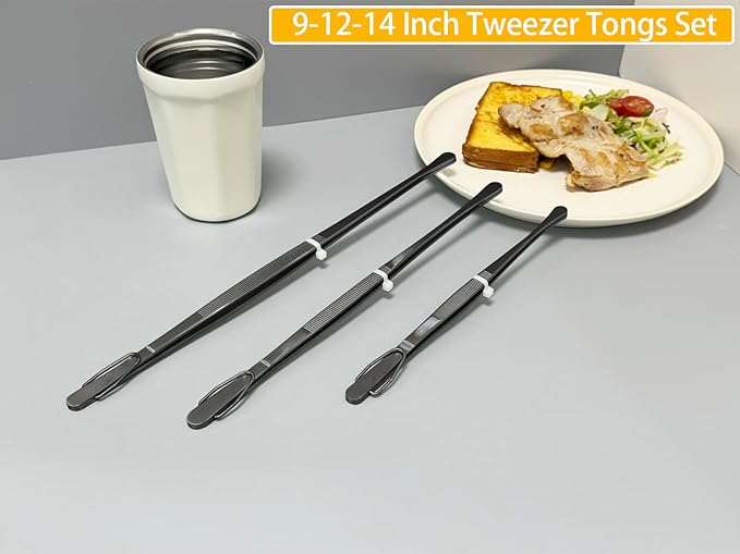 JETKONG 3 Pcs Extra Long Kitchen Tweezers 9 12 14 Inch Heavy Duty Stainless Steel Cooking Tweezers (Round Tips, Black)