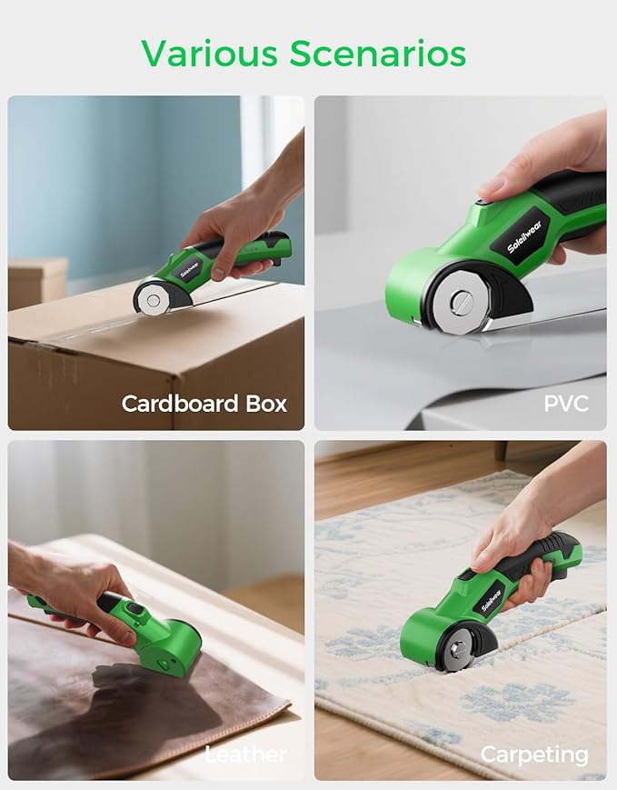 Cardboard Cutter, Rechargeable Cordless Electric Scissors, 4V Upgrade Motor Electric Box Cutter with 2 Blades, Safety Lock & LED Light, Powerful Cutting for Cardboard Box, Plastic, Leather