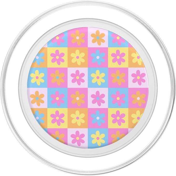 Aesthetic Checker Retro Groovy Flowers in Cream Peach colors PopSockets Adhesive PopGrip
