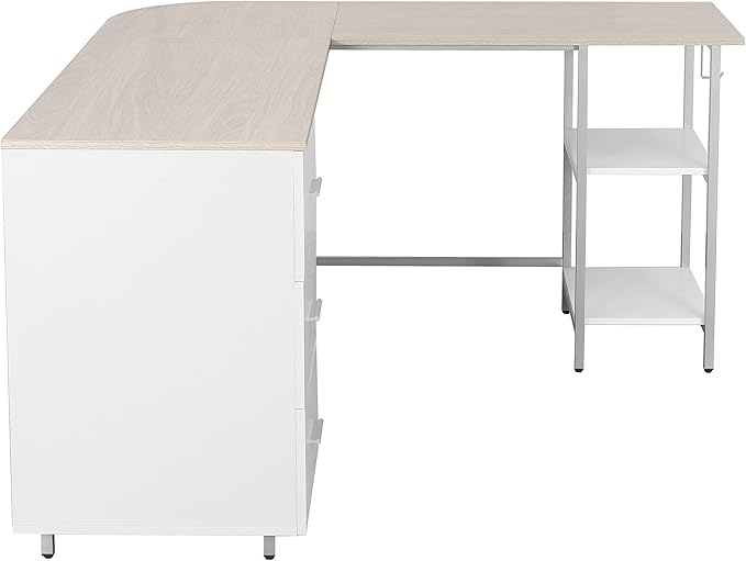Techni Mobili L Shaped Desk - Two-Toned Computer Desk with Drawers & Storage Shelves - Simple Modern Furniture & Home Office Space Corner Table for Work & Writing