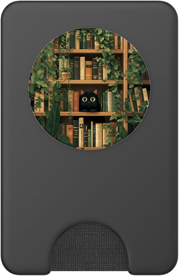Cute Black Cat Hiding On Bookshelves Plants Library Bookish PopSockets Adhesive PopGrip