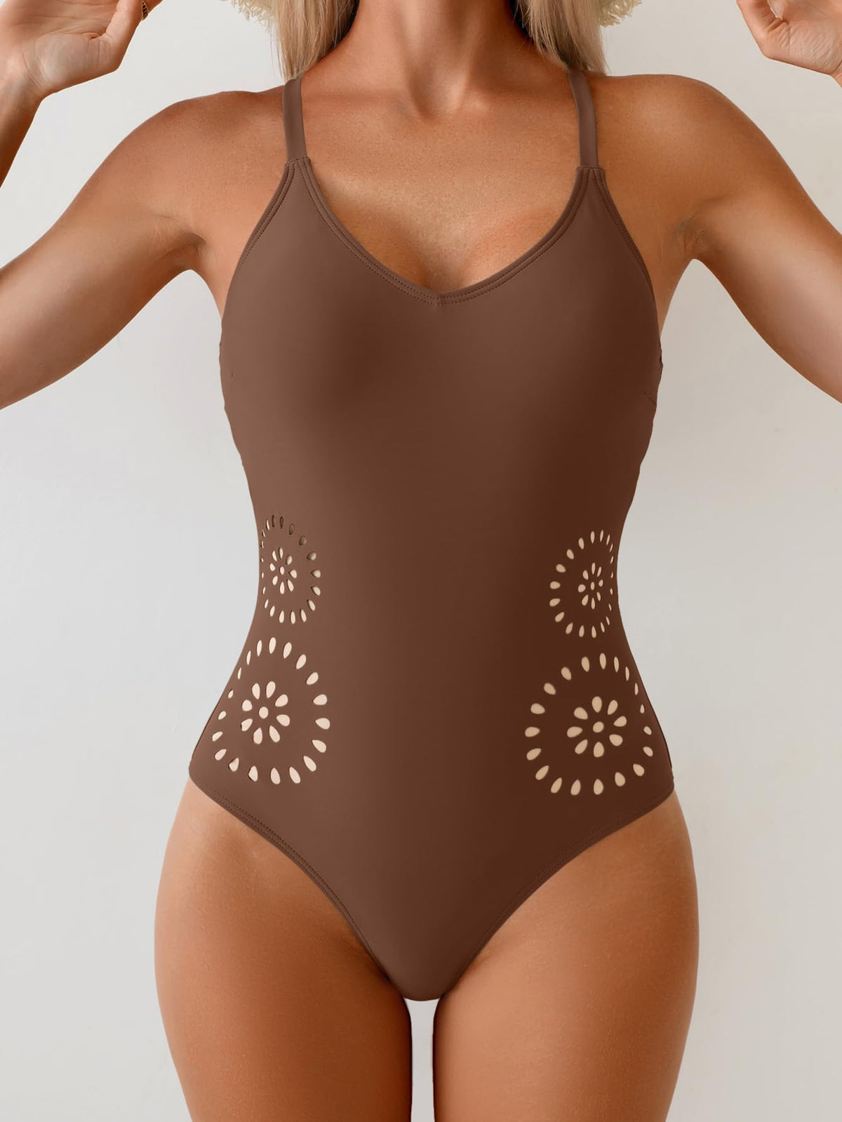 Aidonger Women's One Piece Swimsuit Tummy Control V Neck Bathing Suit Slimming Cutout Tie Knot Swimwear Coffee