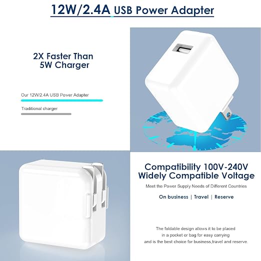 10FT iPad ChargeriPhone Charger Pad Cord Fast Charging 12W USB Wall Charge | Foldable Portable Travel Plug with 10Foot USB A to Lightning Fast Charging Cable for iPad Mini 1/2/3/4/5Air 1/2/3iPhone