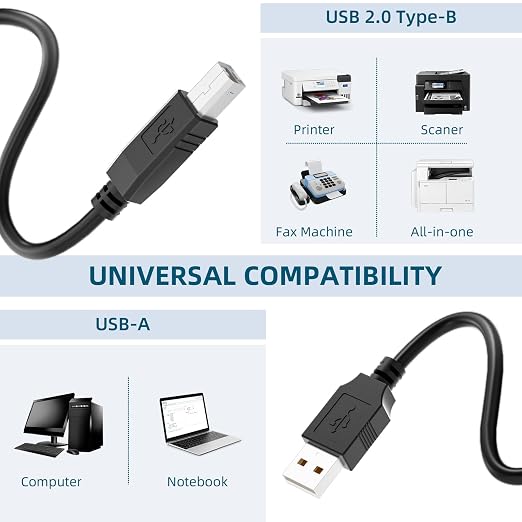 USB 2.0 Printer Cable 20 FTUSB 2.0 A to B Connector High - Speed Data Transfer for Printers &amp Scanners Compatible with HP Canon Epson Brother and More Black 20FT