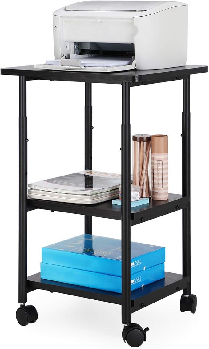 VASAGLE Heavy-Duty Printer Stand with Locking Wheels, 3-Tier Industrial Mobile Cart with Storage Shelf, Printer Table for Home, Office, 26.2-30.1" Adjustable Height, Ebony Black UOPS03B