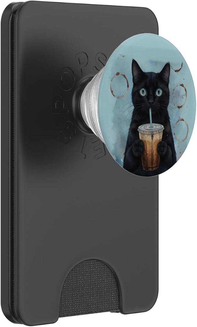 Blue Black Cat Coffee Lover Illustration Print PopSockets PopWallet for MagSafe