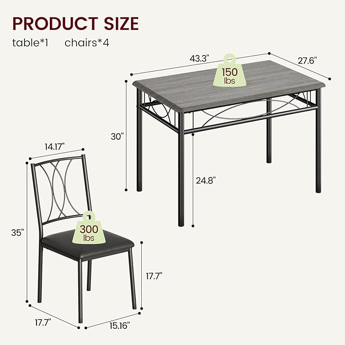 CABIHOME Dining Table Set, 5 Piece Rectangle Dining Kitche Table Set for 4 with 4 Upholstered Chairs, Dining Table Set for Small Space, Apartment, Retro Gray