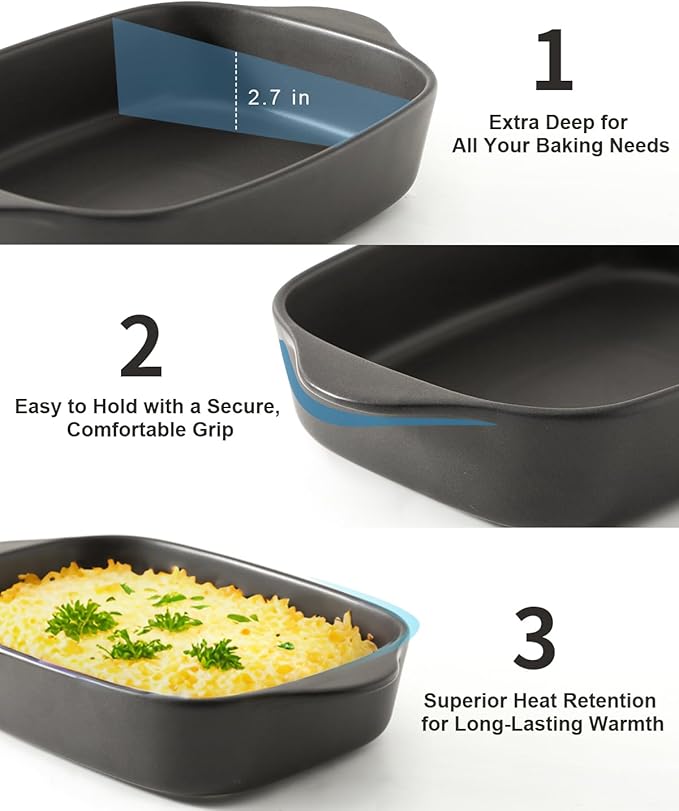 Tikooere Casserole Dish for Oven,Ceramic Baking Dishes， Stoneware Bakeware Set of 3，Deep Casserole Dishes for Baking，Casserole,Cake Dinner and Daily Use,0.63/1.8/4 QT，Matte Black