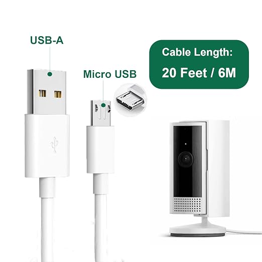 20Ft USB-A to Micro USB Power Cable Fits for Ring Indoor Cam(2nd Gen) | White Micro USB Charging Cord