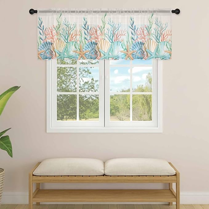 Summer Beach Sheer Valance Curtains, Ocean Colorful Coral Shell Seaweed