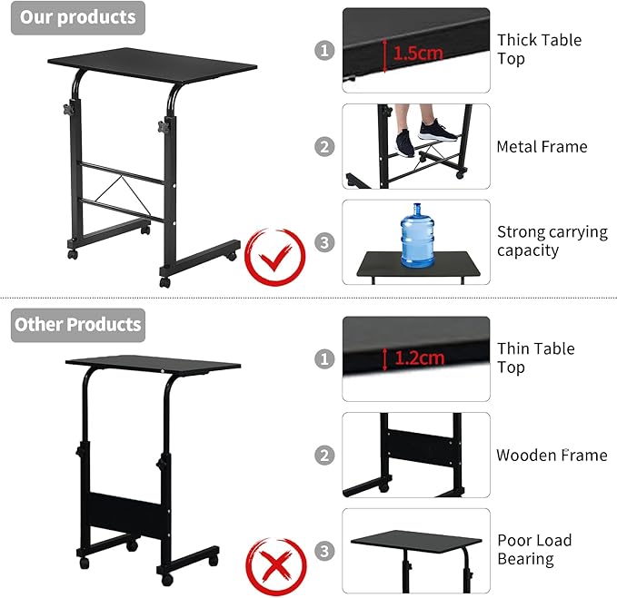 Karl home Side Table Mobile Standing Desk Adjustable Height Portable Laptop Table, TV Tray Computer Workstation Sofa Bed Teble for Home Office, Desktop 23.62" L x 15.75" W, Black