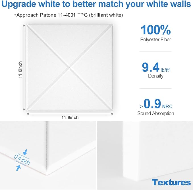 Sonicism 22 Pack X-Lined Acoustic Panels with Self-Adhesive, 12"X 12"X 0.4" Sound Proof Foam Panels, Decorative Soundproof Wall Panels, Sound Absorbing Tile for Home & Offices, White