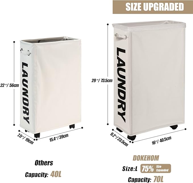 DOKEHOM 29-Inches Enlarged Slim Laundry Basket with Removable Wash Bag on Wheels, Collapsible Rolling Laundry Hamper, Foldable Narrow Corner Clothes Storage Bins (Beige)