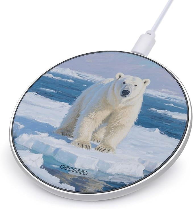Arctic Polar Bear Wireless Charger with USB CableAluminum Alloy Frame 10W Max Compatible Fast Wireless Charging Pad- 3.2ft Cable Included for Travel Home Office Desk