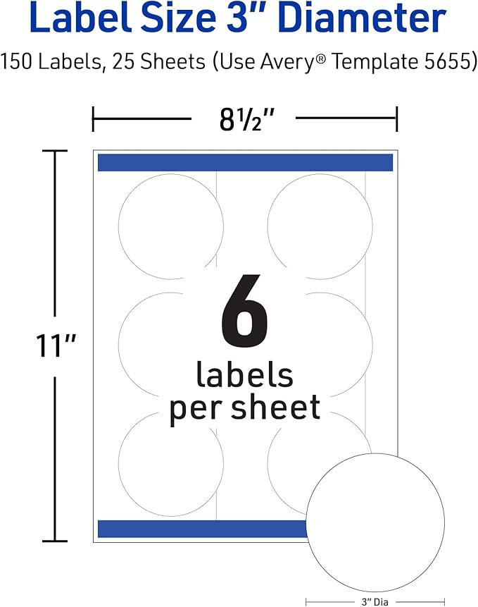 Avery Printable Round Labels, Sure Feed Technology, 3" Diameter, Matte White, Permanent Adhesive, Laser/Inkjet Printable, 150 Blank Labels, Great for Product Merchandising, Favors, and More (5655)