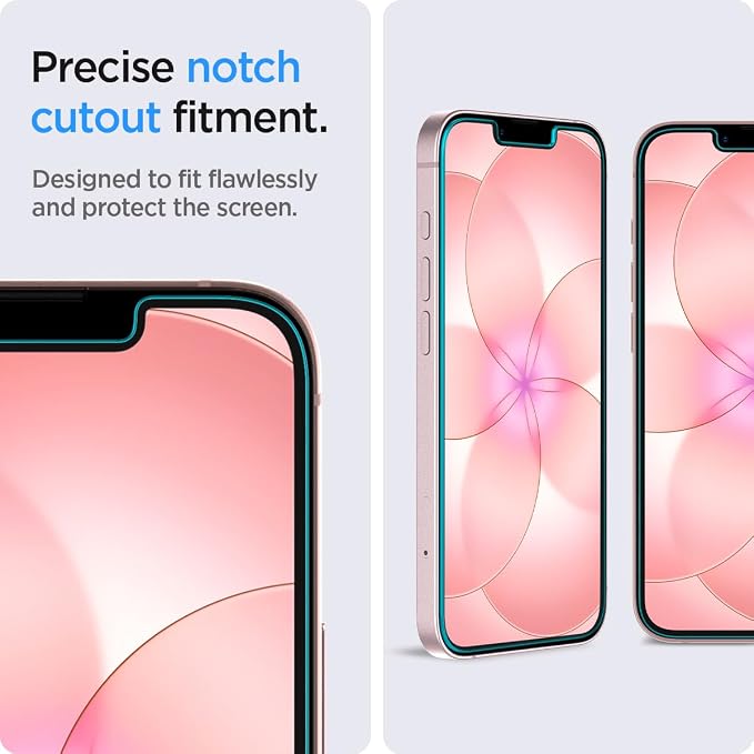 Spigen GlasTR EZ FIT Screen Protector for iPhone 17e 16e 14 13 Pro 13 | 9H+ tempered glass Scratch resistance auto-align tray Notch design 100% clarity Original touch Case-friendly 2 Pack