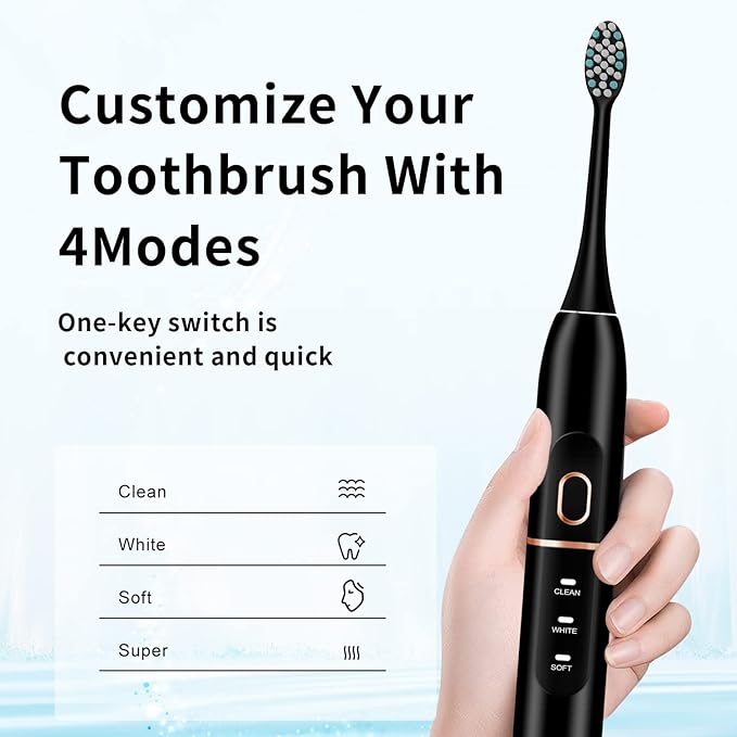 kingheroes Electric Toothbrush Set, Comes with 8 Brush Heads & Travel Case,4 Modes with 2 Minutes Built in Smart Timer, One Charge for 60 Days, 42000 VPM Motor (Black)