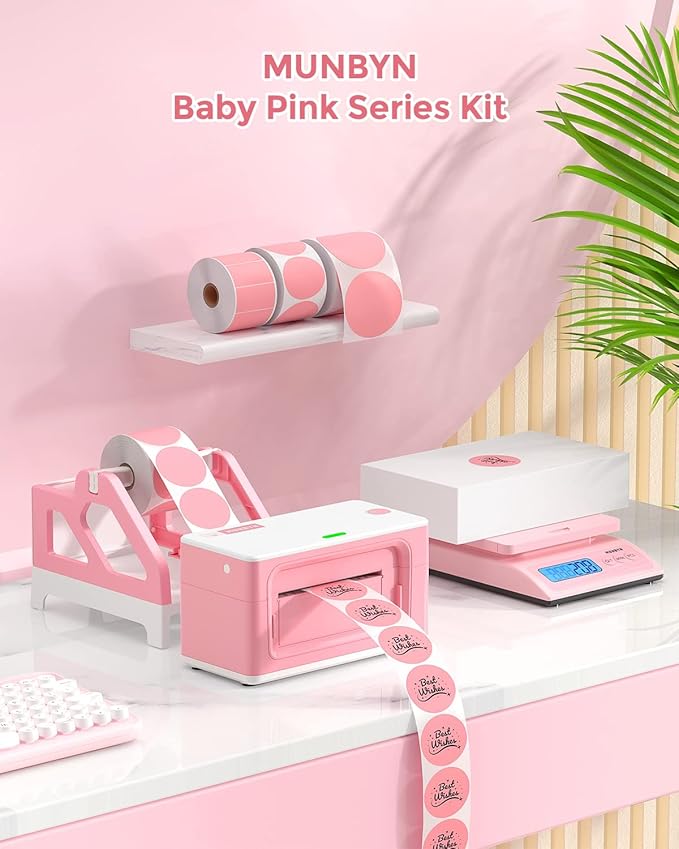 MUNBYN Label Holder for Rolls and Fan-Fold Labels, Thermal Sticker Roll Holder for Desktop Thermal Printer Shipping Supplies Industrial Paper, Pink