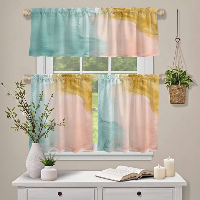 Kitchen Window Curtains Valance and Tier Set, Abstract Desert Mountains Rod