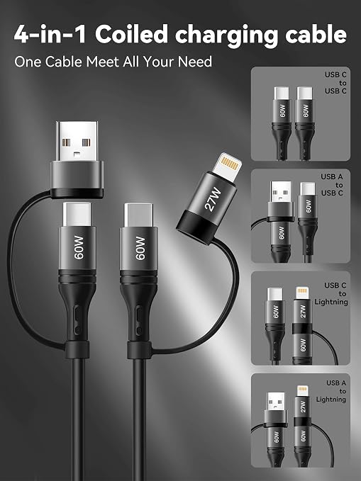 60W Coiled USB C CableiPhone Charger Cable for Car 2Pack 4FT [MFi Certified] Coiled Lightning Cable Fast Charging USB C to Lightning Cord for iPhone17/16/15/14/13/12/11 Series/iPad/MacBook/CarPlay