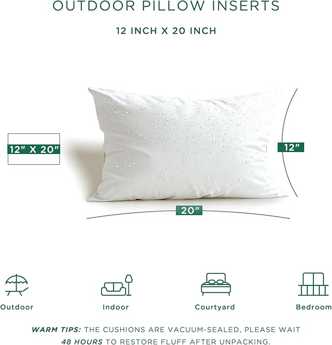 Codi Outdoor Lumbar Pillow Inserts 12x20 Set of 2, Water Resistant Throw Pillows Insert for Patio Furniture