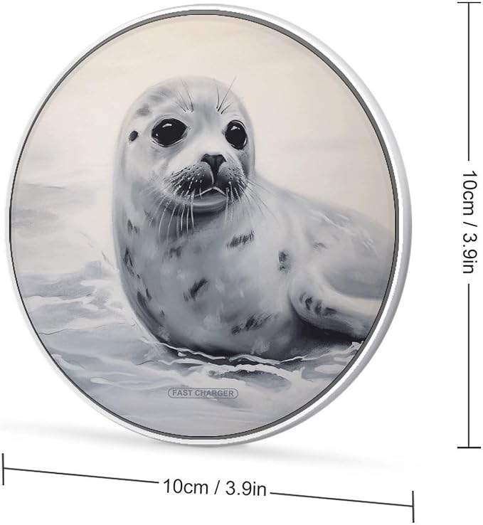 Harp Seal Painting Wireless Charger Aluminum Alloy Frame 10W Fast Charging Pad with Indicator Light 6mm Thin &amp Portable Wireless Charging Pad for Travel Home Office Desk