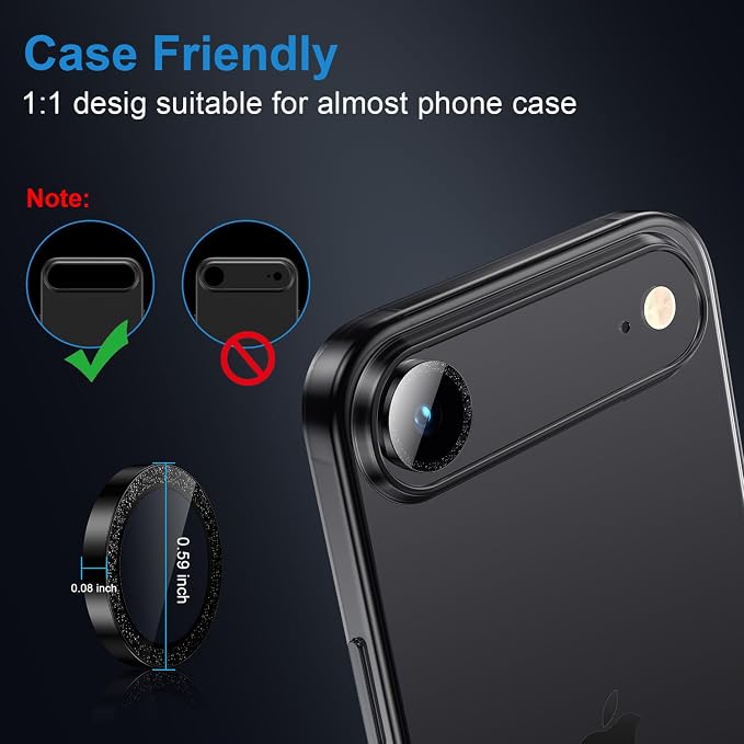Korecase for iPhone 17/iPhone 16/iPhone 16 Plus Camera Lens Protector Bling 9H Tempered Glass Anti Scratch Camera Screen Protector Shockproof Film Metal Ring Lens Protector Glitter-Black