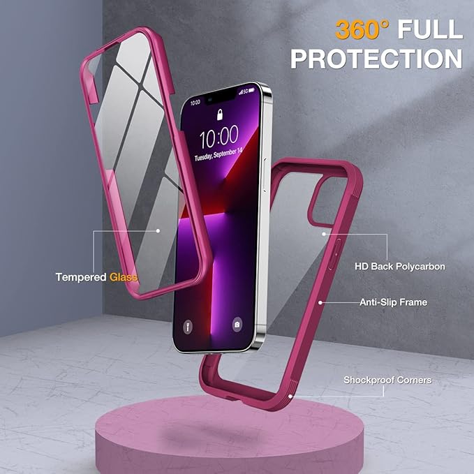 Miracase Glass Case for iPhone 13 Pro Max 6.7 inch, Upgrade Full-Body Clear Bumper Case with Built-in 9H Tempered Glass Screen Protector for iPhone 13 Pro Max, Claret Red