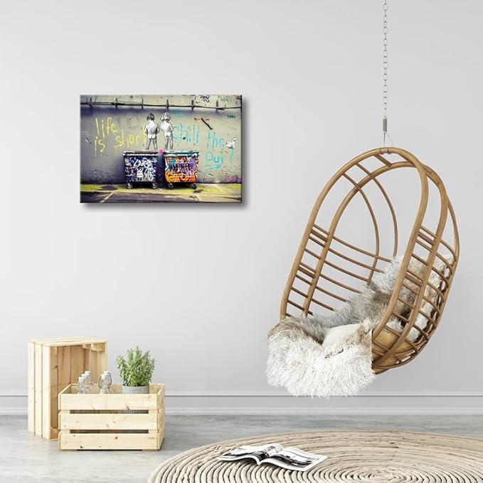 Wieco Art Gallery Wrapped Canvas Prints Life is Short Chill the Duck Out Banksy Boys Artwork Reproduction Graffiti Poster Print on Canvas Wall Art for Bedroom Home Kitchen Decorations