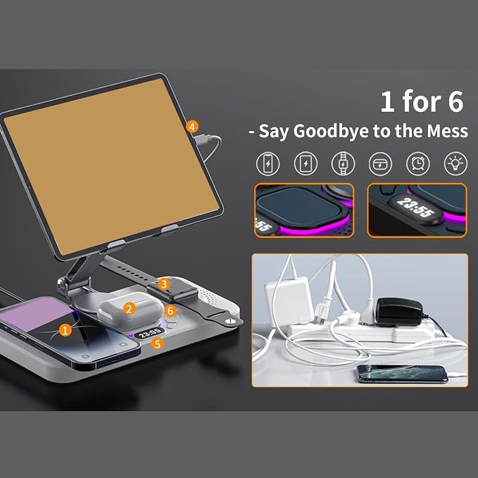 6 in 1 Wireless Charging Stand for iOS Devices with Alarm Clock and Ambient Lights for iOS 16 15 14 Phone and Watch Series 1 to 10 (Black)
