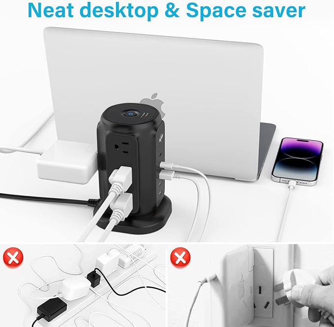AiJoy Power Strip Tower with 9 AC Outlets and 5 USB Ports (2 USB-C), Flat Plug 1625W 6.5ft Extension Cord, 1200J Surge Protector Charging Station for Home, Office & Dorm