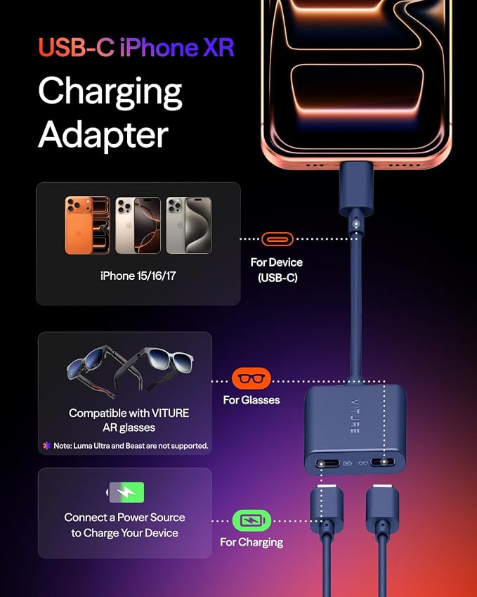 VITURE USB- C Pro XR Charging Adapter for USB-C iPhone Enabling Multi-Screen Enhanced 3DoF Spatial 3D VR Video Features Fits iPhone 17/16/15 Charge and Play for Other Devices