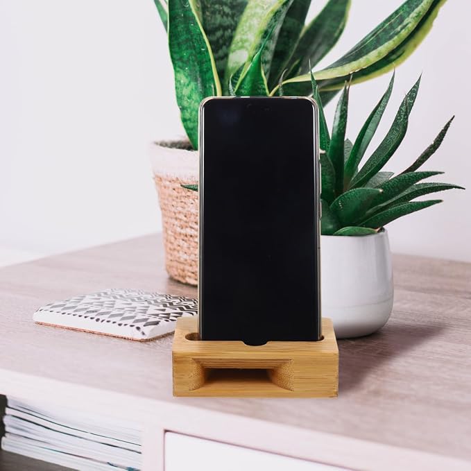 Bamboo Wood Phone Stand with Sound Amplifier Universal Mobile Phone Desktop Holder for Watching Videos and Calls Compact 3.9X2.4X1.2 Inches