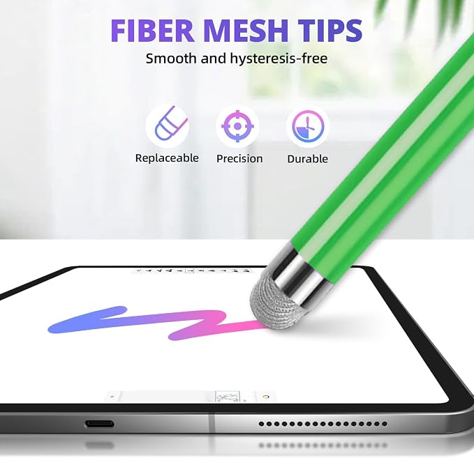 Extra Long Stylus pens for Touch Screens [5 Pack Fiber mesh Tips] Compatible for iPad iPhone Android Tablet Laptop Surface Chromebook High Sensitivity &amp Fine Point Capacitive Pen