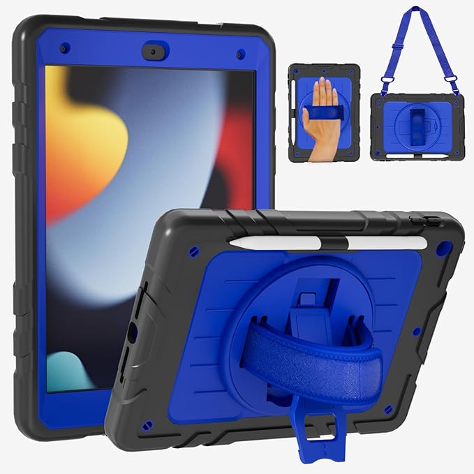 Case for iPad 9th/8th/7th Generation10.2 Shockproof 360 Rotating Stand Shoulder Hand Strap with Pencil Holder for iPad 10.2 inch 2021/2020/2019 Case (Black)