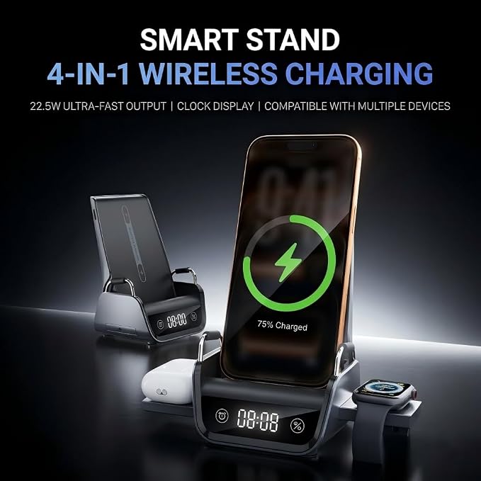 4 in 1 Wireless Charging Stand with Digital Clock 22.5W Fast Wireless Charger Station for iPhone Apple Watch &amp AirPods