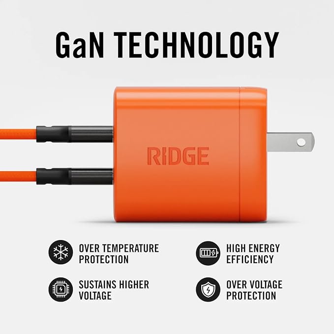 Ridge 45W Wall Charger Set Dual USB-C Ports Laptop-Grade Power with Complete Cable Kit Included - Basecamp Orange