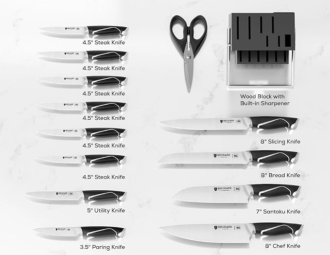 BRODARK 15PCS Kitchen Knife Set with Block and Sharpener, Full Tang Handle