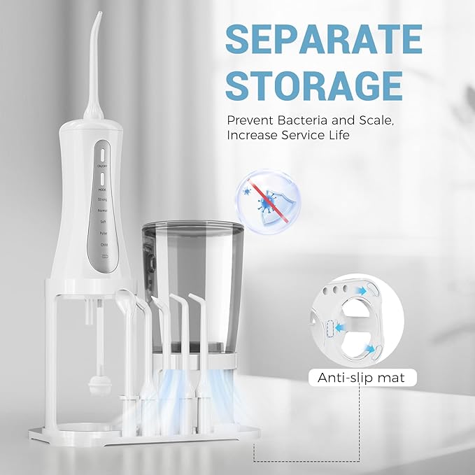 GOLDANT 350ML Water Flosser with Drainage & Storage Stand, Keeps Dry & Clean, 5 Modes, 360°Nozzle, Cordless Rechargeable, IPX7 Waterproof, Portable for Home & Travel (White)