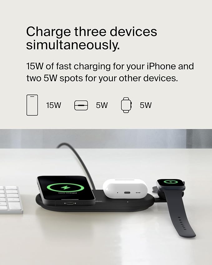 Belkin 3-in-1 MagSafe-Compatible Wireless Charging Pad with Qi2 15W - iPhone Charger - Fast Charging Wireless Charging Station for iPhone 17, 16, & 15 Series, AirPods, Apple Watch, & More - Black