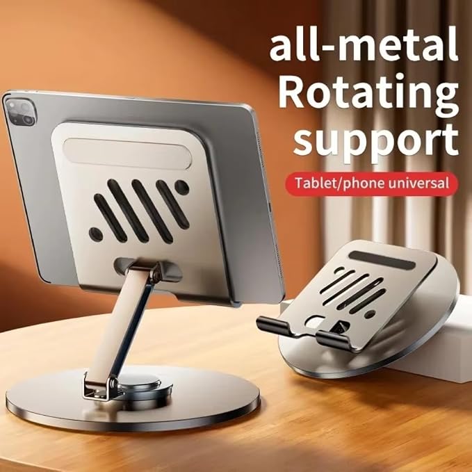 360° Rotation Adjustable Aluminum Alloy Foldable Tablet &amp Phone Stand Universal Desktop Mount for iPhone iPad (Black)