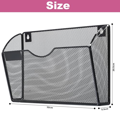 1 Pocket Mesh Wall File Holder Organizer Office Hanging File Folder Magazine Rack, Nametag Label Hooks Set Included (Black)