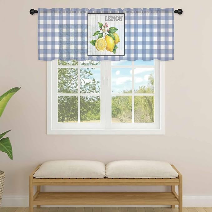 Lemon Sheer Valance Curtains, Summer Fruit Floral Wood Grain Blue Plaid Light