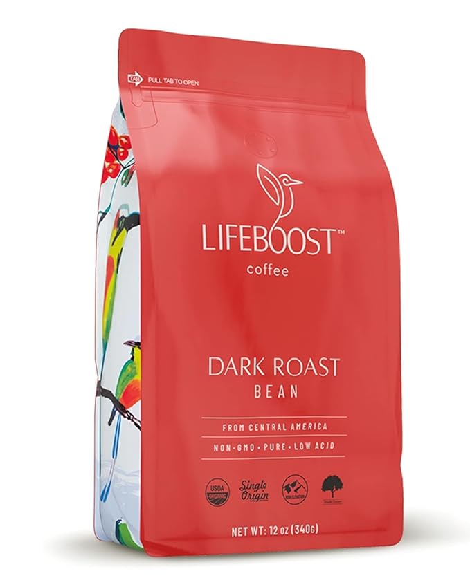 Lifeboost Dark Roast Low Acid Coffee Beans, Certified Organic, 12oz