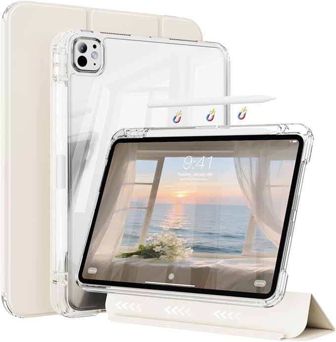 Hybrid Case for iPad Pro 11 Inch 4th/3rd/2nd Generation (2022/2021/2020) with Pencil Holder 2 in 1 Detachable Cover with Clear Transparent Back Shell Support 2nd Gen Pencil Charging Black
