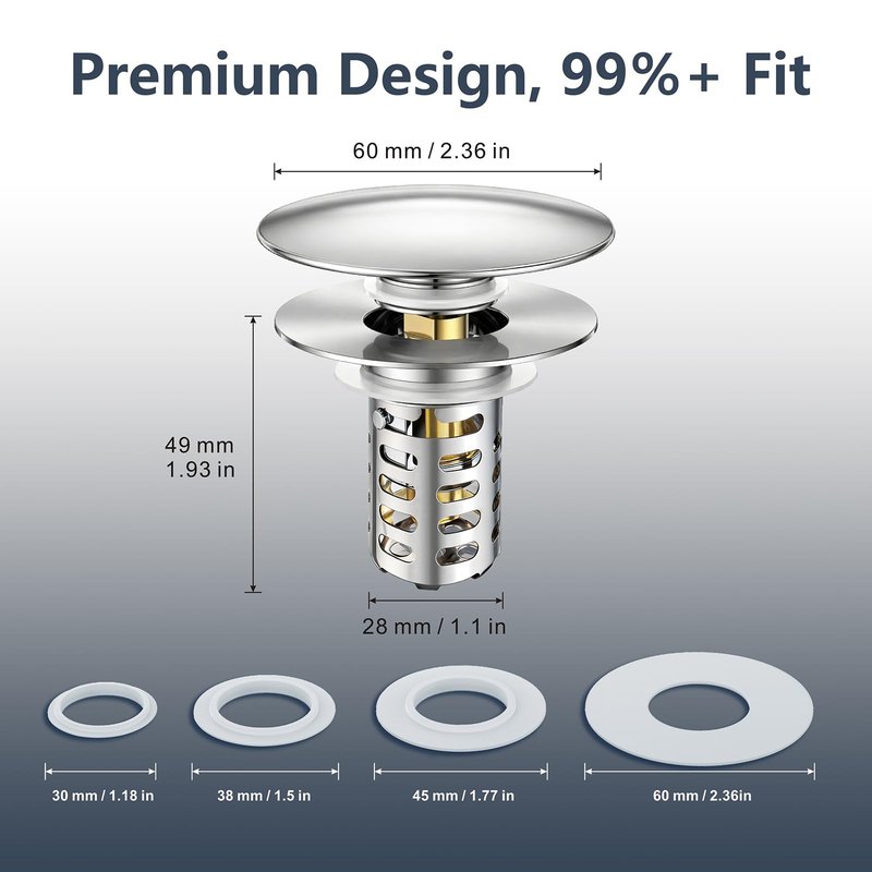 HUAERSICO Pop Up Bathroom Sink Stopper, Universal Bathroom Sink Drain Strainer with Hair Catcher, for 1.1"-2.17" Drains, Brass Core & Stainless Steel Mesh